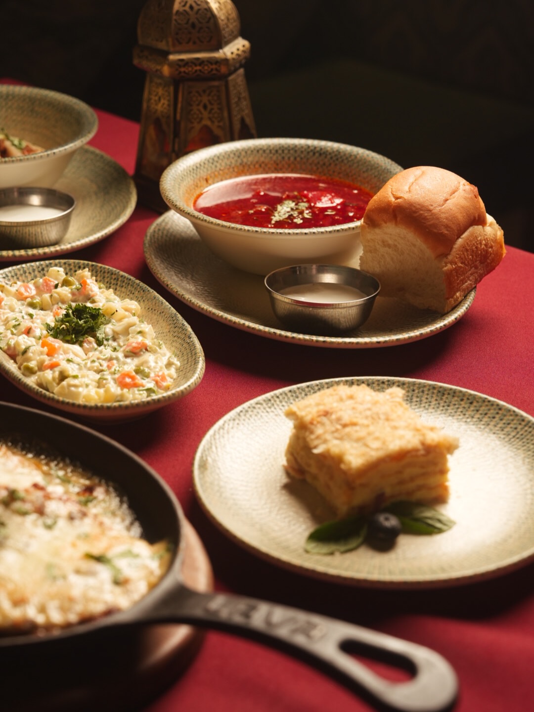Borscht and Olivier salad spread